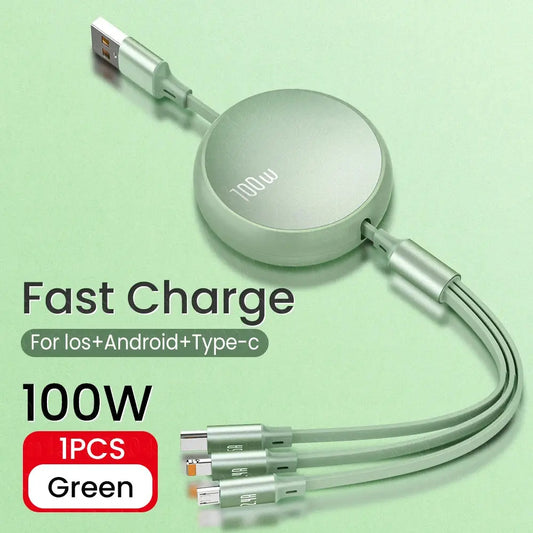 3 in 1 Retractable USB C 6A 100W USB Fast Charger for Iphone 13 14 12 11 Pro X Max Type C/Micro Fast Charger for Huawei Samsung